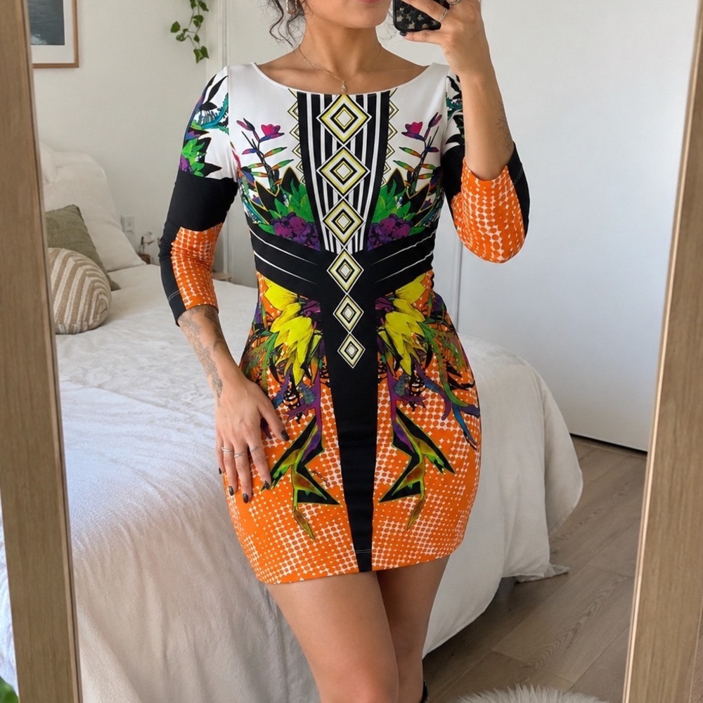 Just Cavalli Tropical Geometric Print Bodycon Mini Dress Multi Color runway y2k